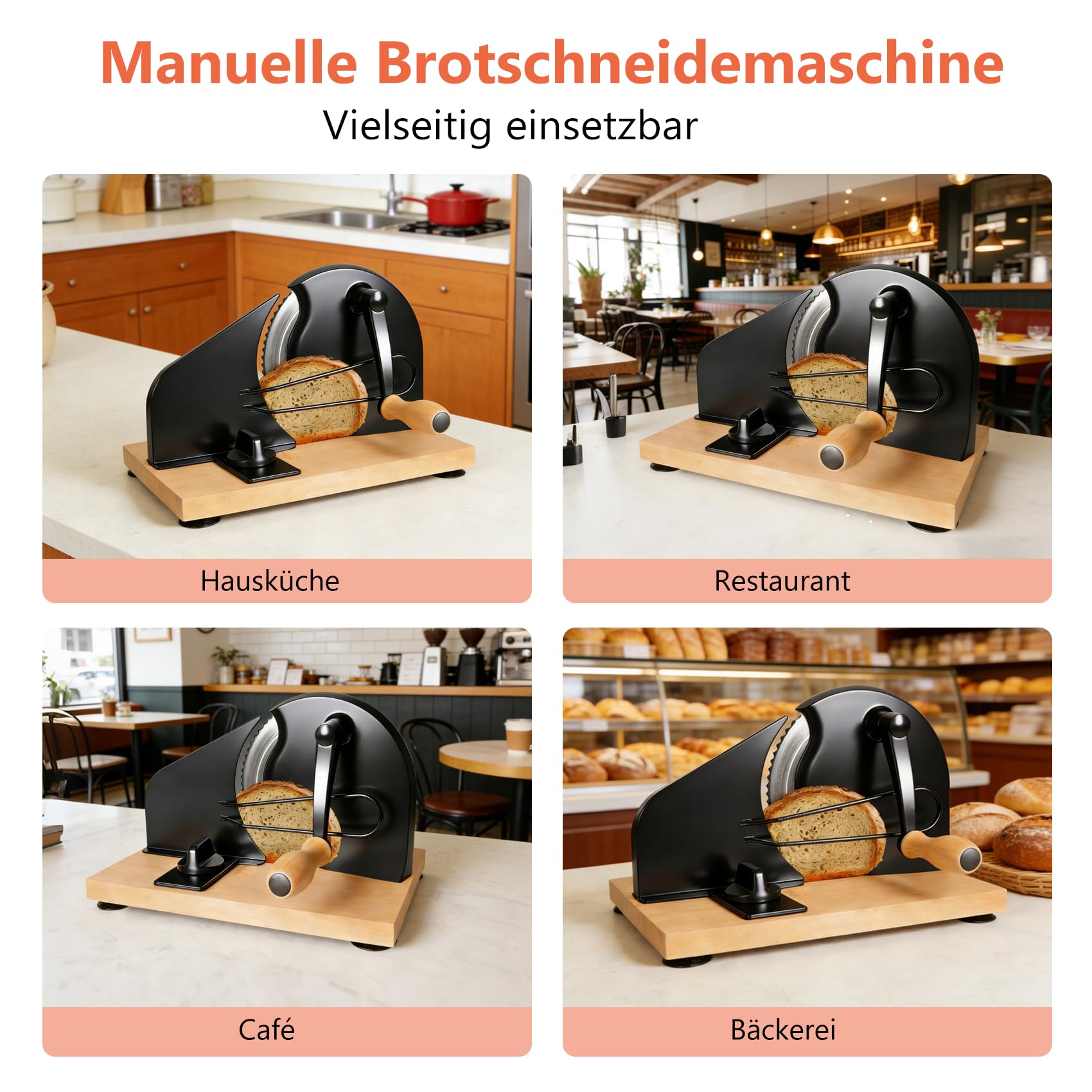 Manuelle Brotschneidemaschine mit Handkurbel | Scheibendicke stufenlos wählbar 1–20 mm | Edelstahlklinge mit Wellenschliff | Rutschfeste Saugnäpfe | Für Sauerteig, Roggen, Toast & Baguette