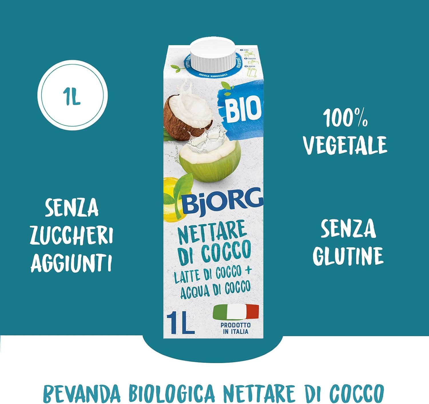 BJORG Bevanda Nettare di Cocco Biologica, Acqua di Cocco e Latte di Cocco, Bevanda Vegetale Senza Zuccheri Aggiunti, Senza Glutine, Vegan, Prodotto in Italia, 1L (Confezione da 9)
