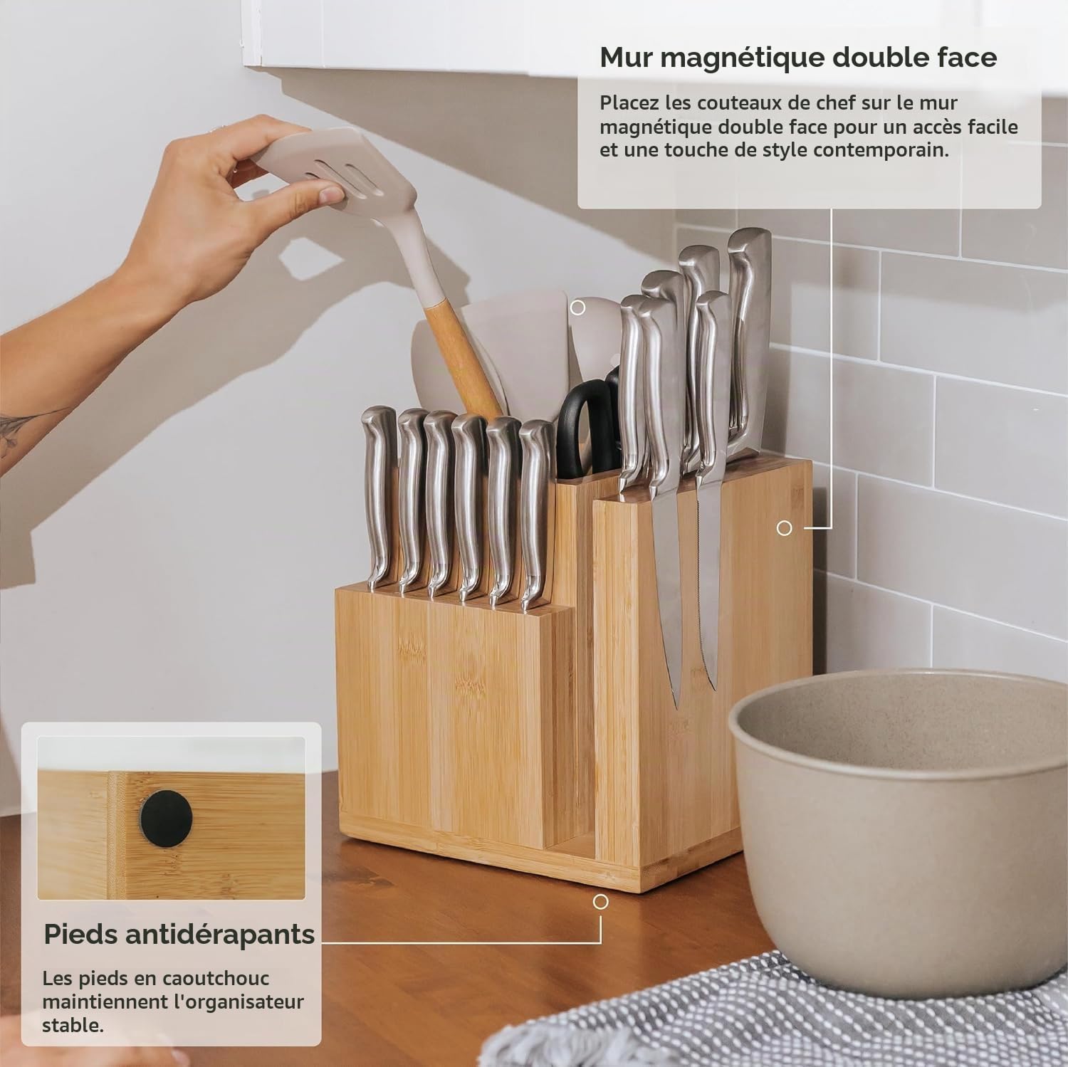 KitchenEdge Bloc de couteaux magnétique en bambou et porte-ustensiles de cuisine, rangement élégant pour couteaux de chef, couteaux à steak, spatules, ciseaux, pieds en caoutchouc antidérapants