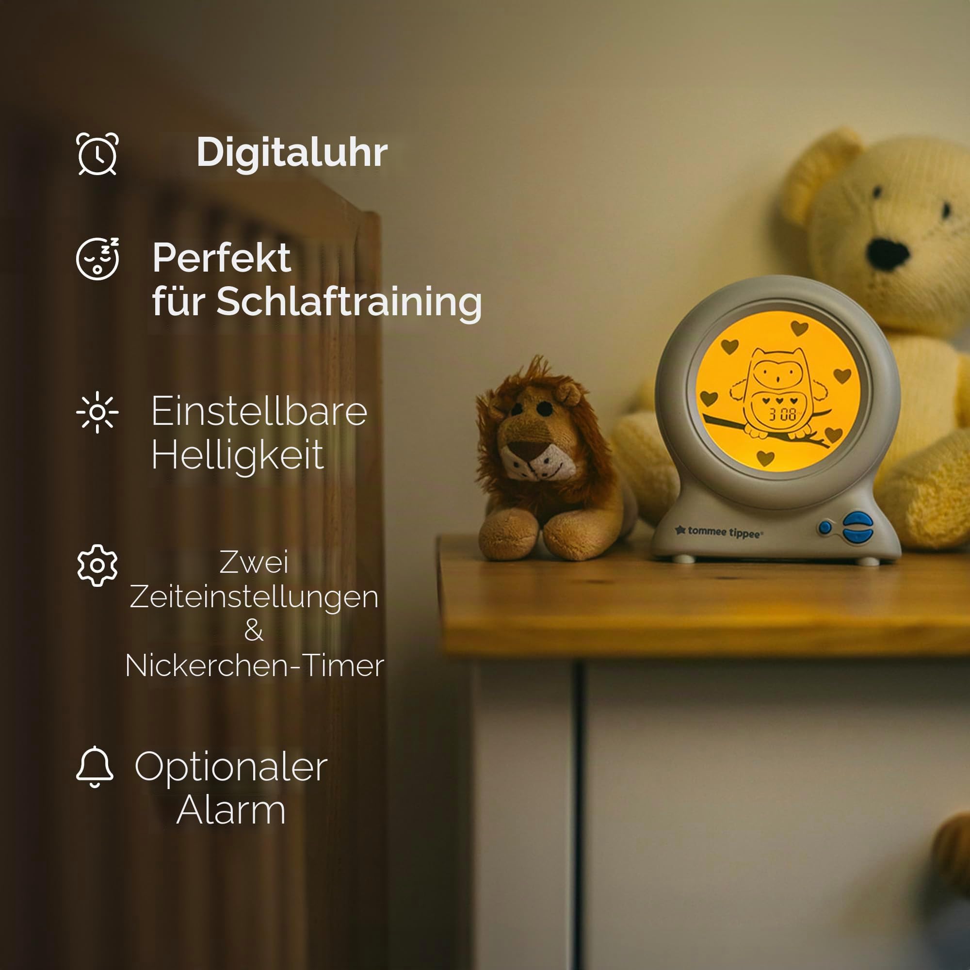 Tommee Tippee Groclock Schlaftrainer Uhr, Wecker und Nachtlicht für Kleinkinder, USB
