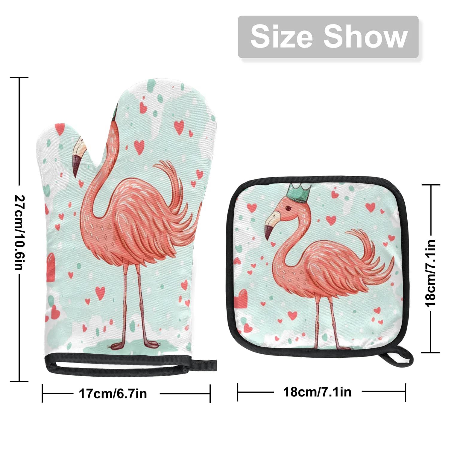 Watercolor Flamingo Love Oven Mitts Kitchen Oven Gloves for Cooking Baking Heat Proof Lining Cotton Kitchen Potholder Mittens Pot Holders Hot Pads for Chef Women Men