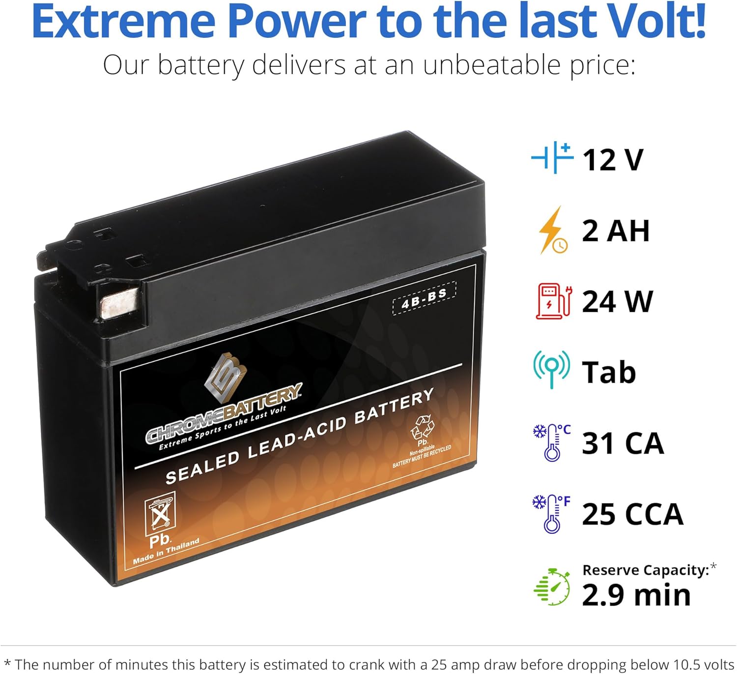 CB CHROMEBATTERY 4B-BS Maintenance-Free 12V 2Ah Battery Replacement for ATV, Motorcycle, Jet Skis, Scooter, UTV, and More - Tab Terminal