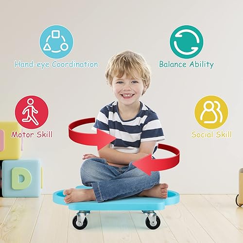 Miniatura 7 de Goplus Tabla de patineta para niños patineta de suelo sentado con asas ruedas universales que no dañan para clase de gimnasio 4 piezas para