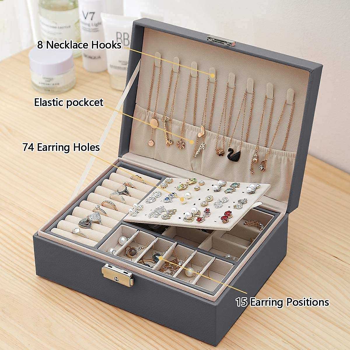 Caja de Almacenamiento Joyero para Mujer, joyero de Piel sintética, Utilizado para Pendientes, Anillos, Pulseras, joyeros, Caja de Almacenamiento para Gafas.