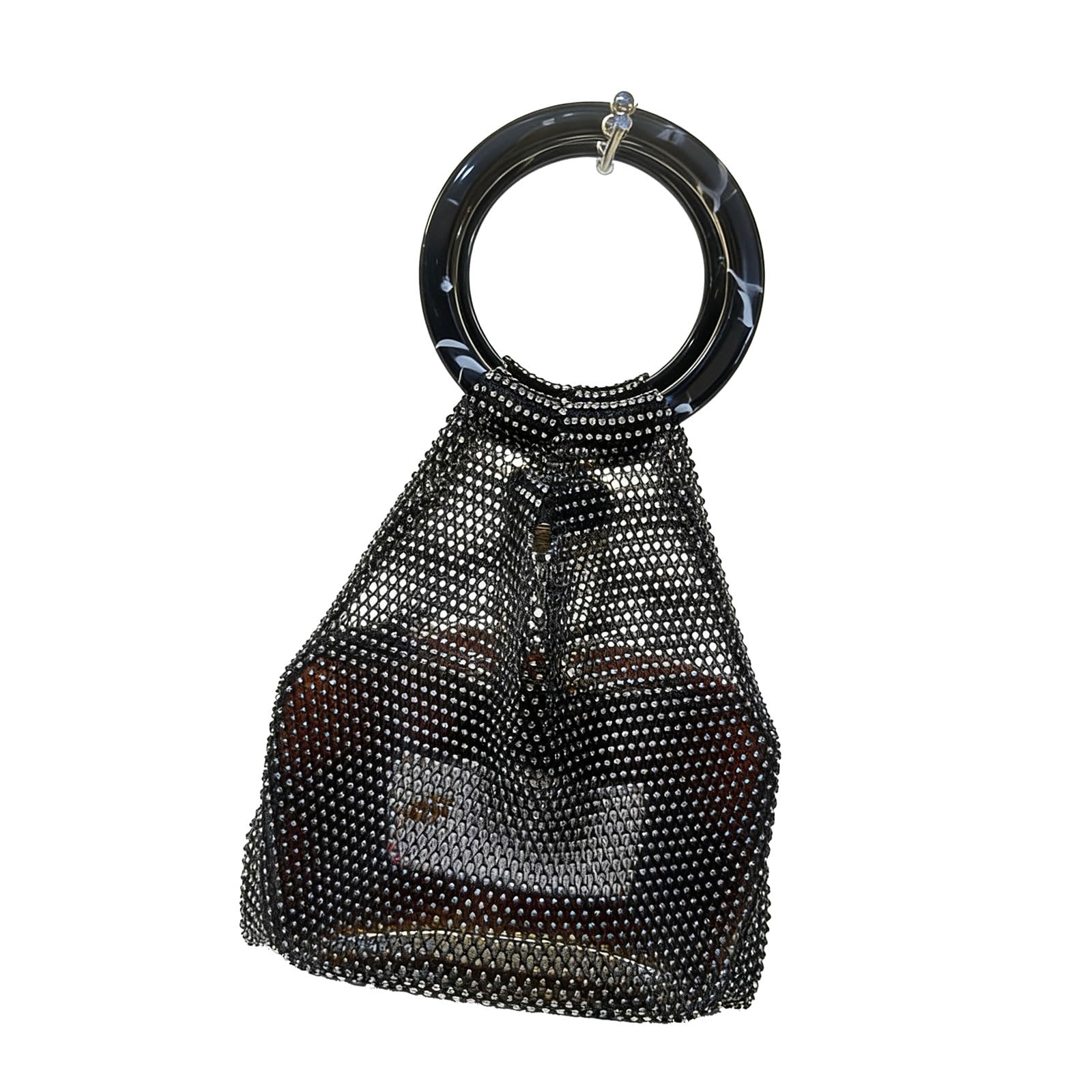 HENYGEN Artisanal Meshes Bag with Crystals for Cosmetic and Wine Bottle Rhinestones Resin Handle Storage Organiser Woven Bag