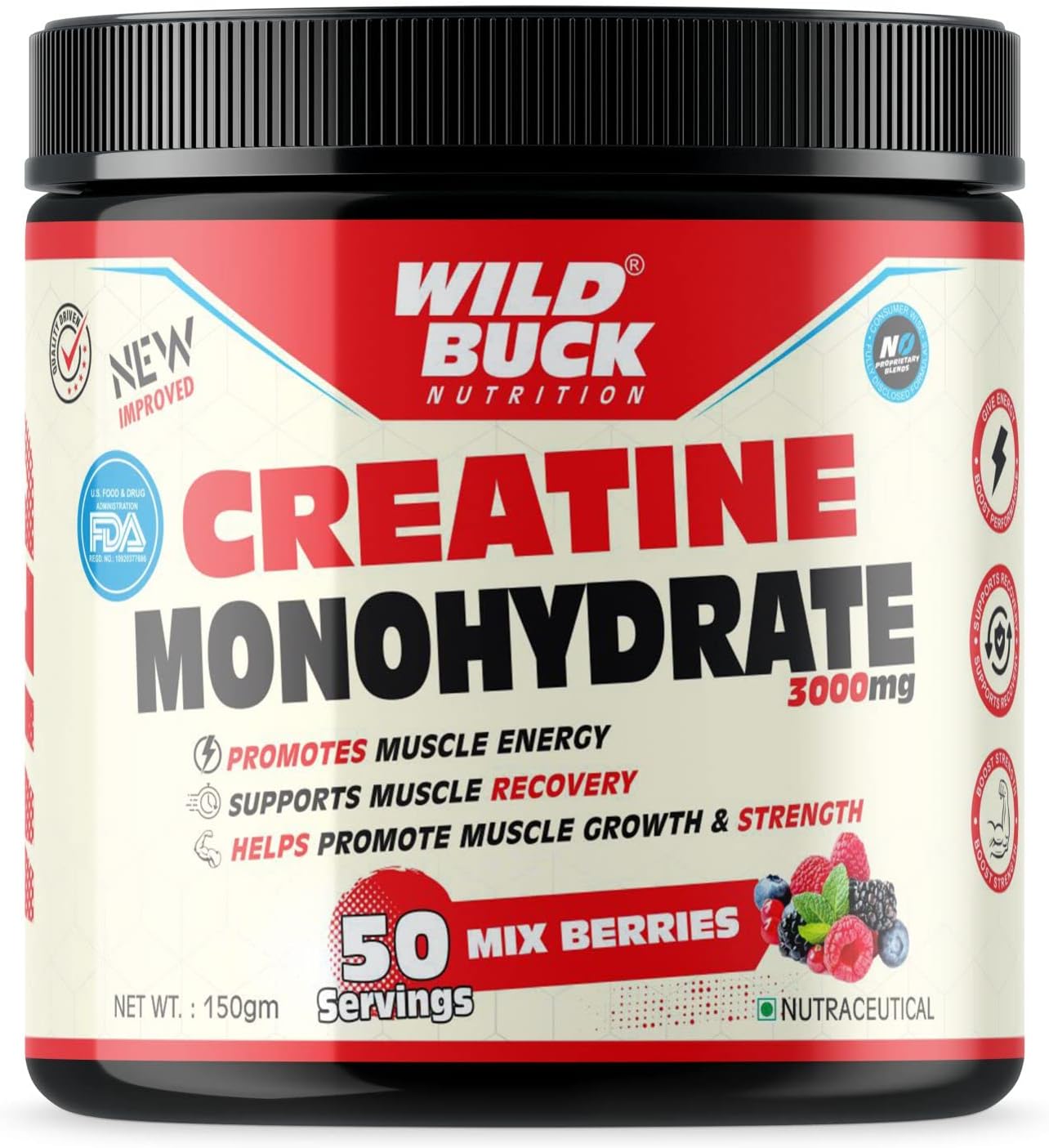 WILD BUCK Creatine Monohydrate Powder,Strength,Reduce Fatigue,100% Pure Creatine,Lean Muscle Building,Supports Muscle Growth,Athletic Performance,Recovery [50 Servings,Mix Berries],1 Count