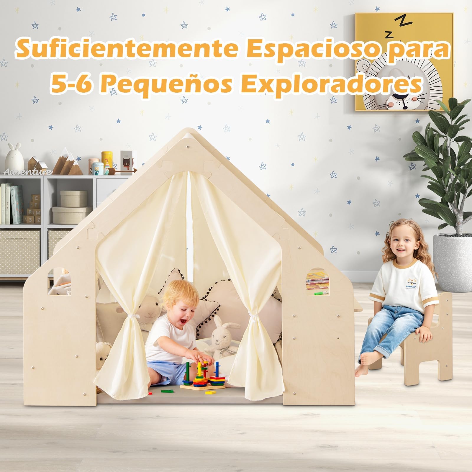 RELAX4LIFE 6 en 1 Tienda de Campaña Infantil con Estructura Madera, Mesa de Doble Cara, Silla, Pizarra, Alfombra y 6 Cajas, Parque Infantil Bebe con 2 Puertas y Ventana, Casita Infantil