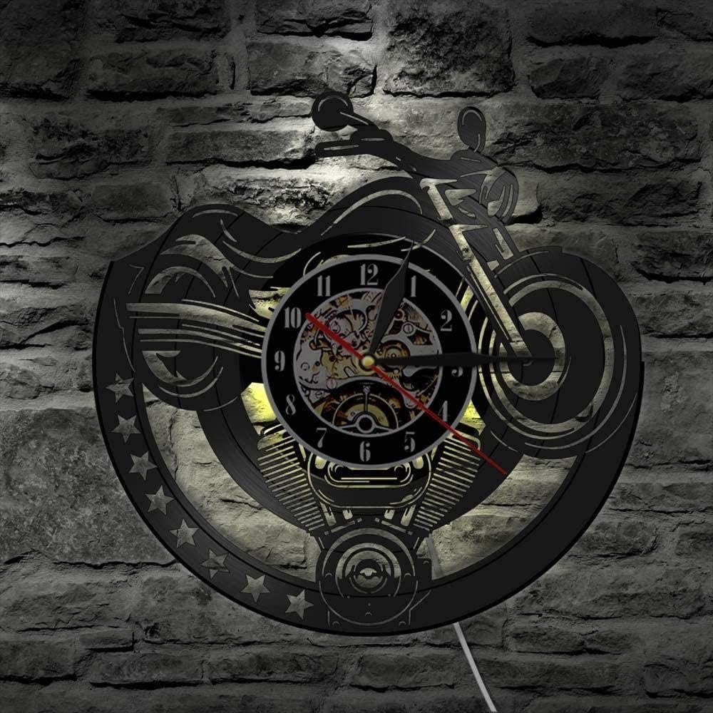 GODYS Reloj de Pared de Registro Reloj de Pared de Vinilo Reloj de Vinilo de Motocicleta de Garaje Reloj de Hombre de Motorista Reloj de Pared con retroiluminación LED