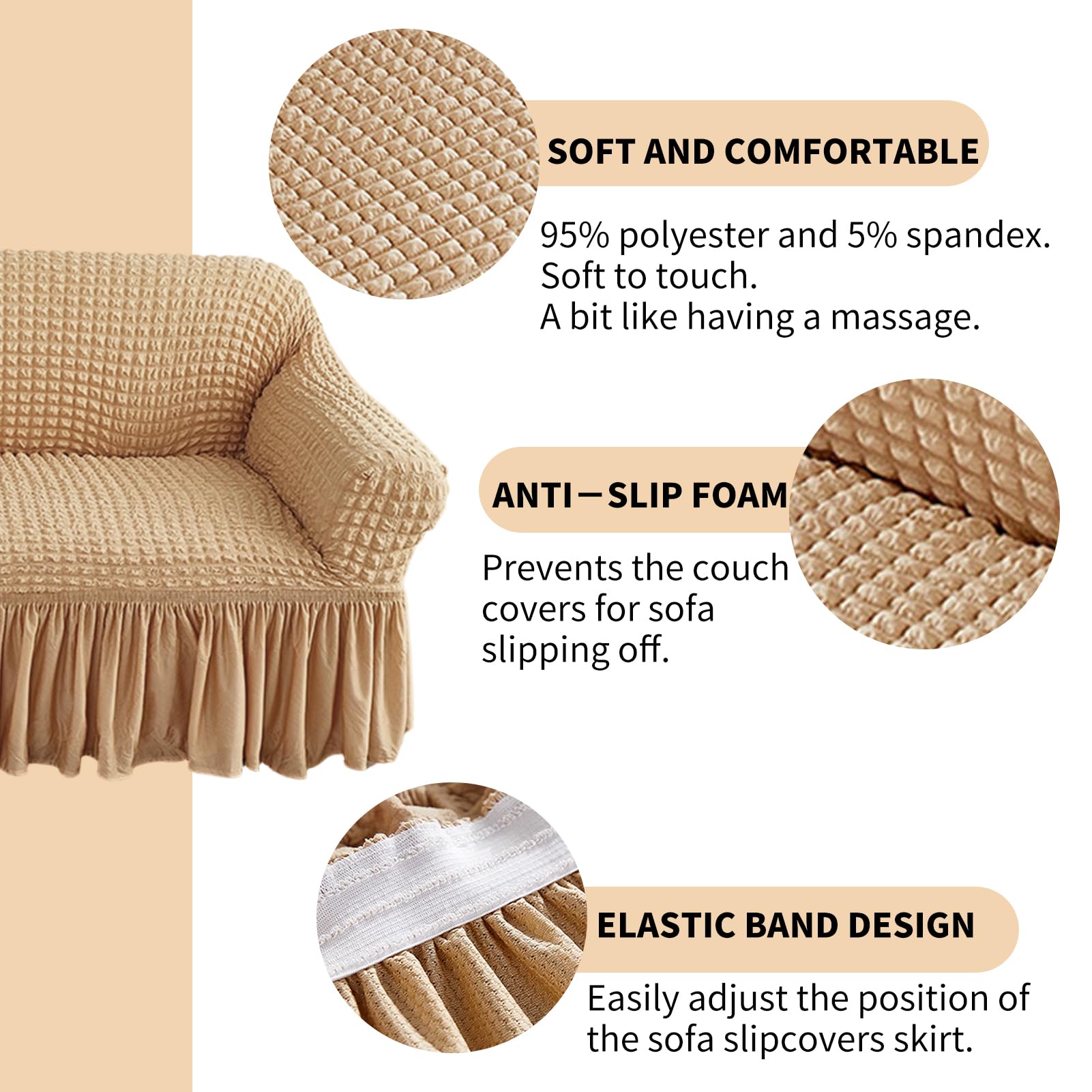 Seersucker-Stretch-Sofabezug mit Rüschenrock, Universeller Sofahusse, Waschbarer Sofaüberwurf, Beige, 4-Sitzer 235-300cm