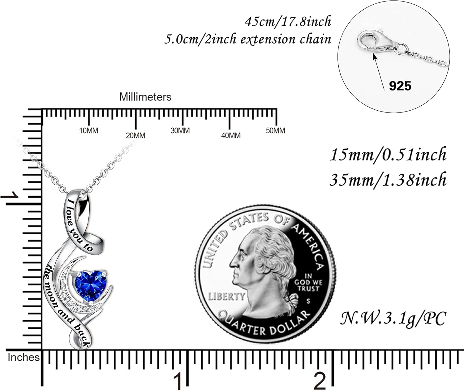 Distance I Love You to The Moon and Back Necklace 925 Sterling Silver Birthstone Necklace Birthday Valentines Day Gifts for Women Wife Mom Daughter - Image 6