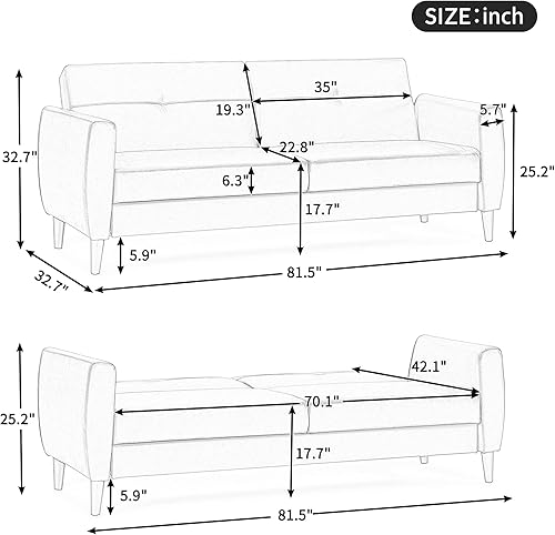 Miniatura 2 de Woanke Sofá cama convertible de piel sintética moderno futón plegable con caja de almacenamiento y marco de madera para espacio de vida compacto