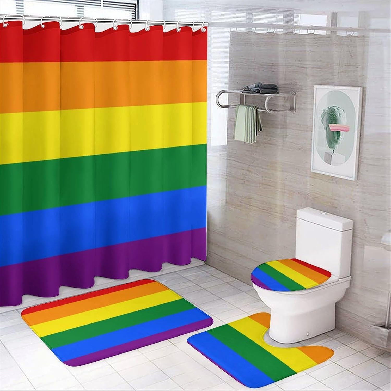 Rainbow Print Four Piece Bathroom Set Coral Waterproof Oxford Cloth, U-Shaped Mat, Toilet Lid Cover, and Floor Mat