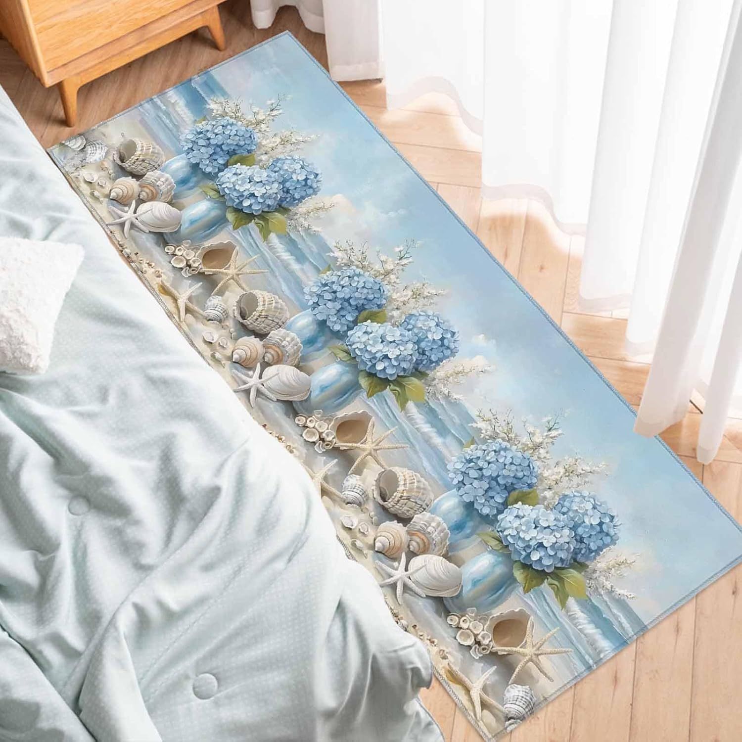 2 Pieces Kitchen Rugs and Mats,Summer Beach Blue Hydrangeas Area Runner Rug Set Non Slip Floor Doormat Washable Carpet Standing Mat for Kitchen Sink Indoor Corridor,Coastal Ocean Starfish Shell