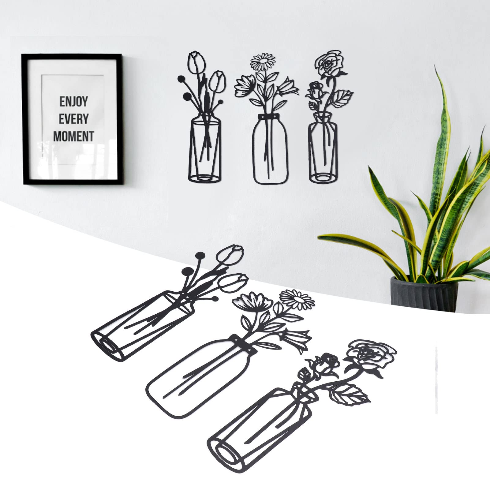 3 stuks metalen vaas, bloemen, muurkunst, decor, bloemenin vaas, plantenpot, muurkunst, sculptuur, hangende wanddecoratie, metalen vaas, bloementeken voor slaapkamer, badkamer, keuken, outdoor, binnen