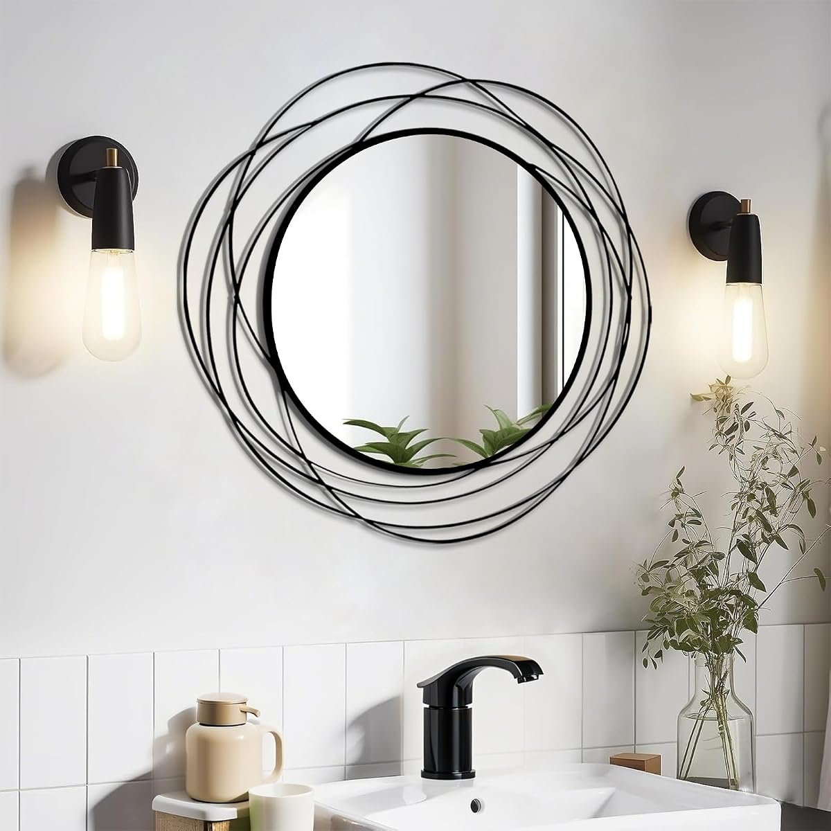 HQiJun Round Wall Mirror - 26.8" Large Black Circle Mirror for Wall with Art Decorative Durable Metal Frame, Modern Hanging Mirror for Bathroom Over Sink, Bedroom, Entryway, Vanity or Living Room