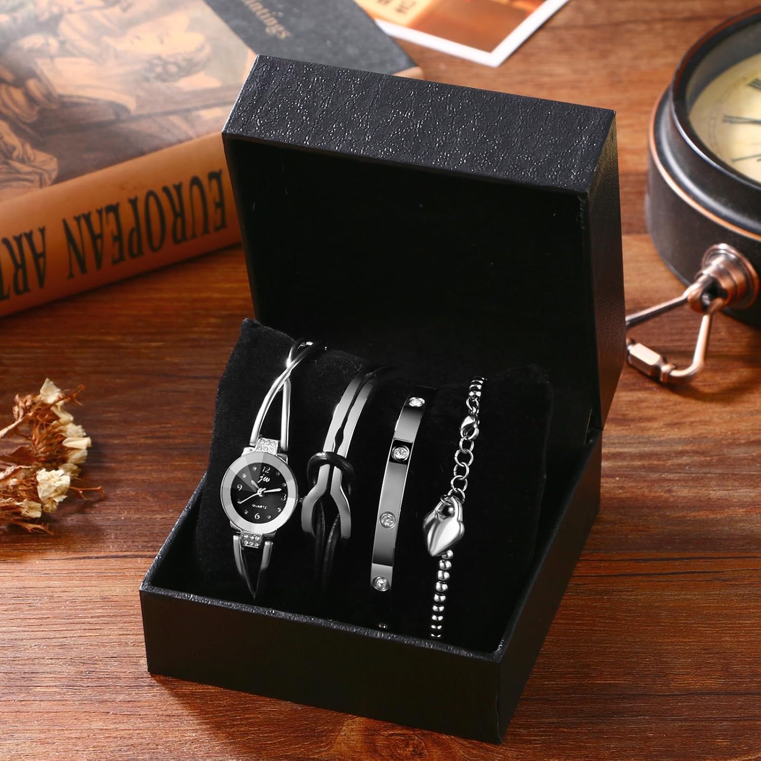OIDEA Women's Wrist Watch Bracelet Set: 4 Piece Waterproof Analog Quartz Wrist Watch Heart Beaded Bracelets Infinity Bracelet Diamond Bangle Bracelet Valentine's Day Gift for Her
