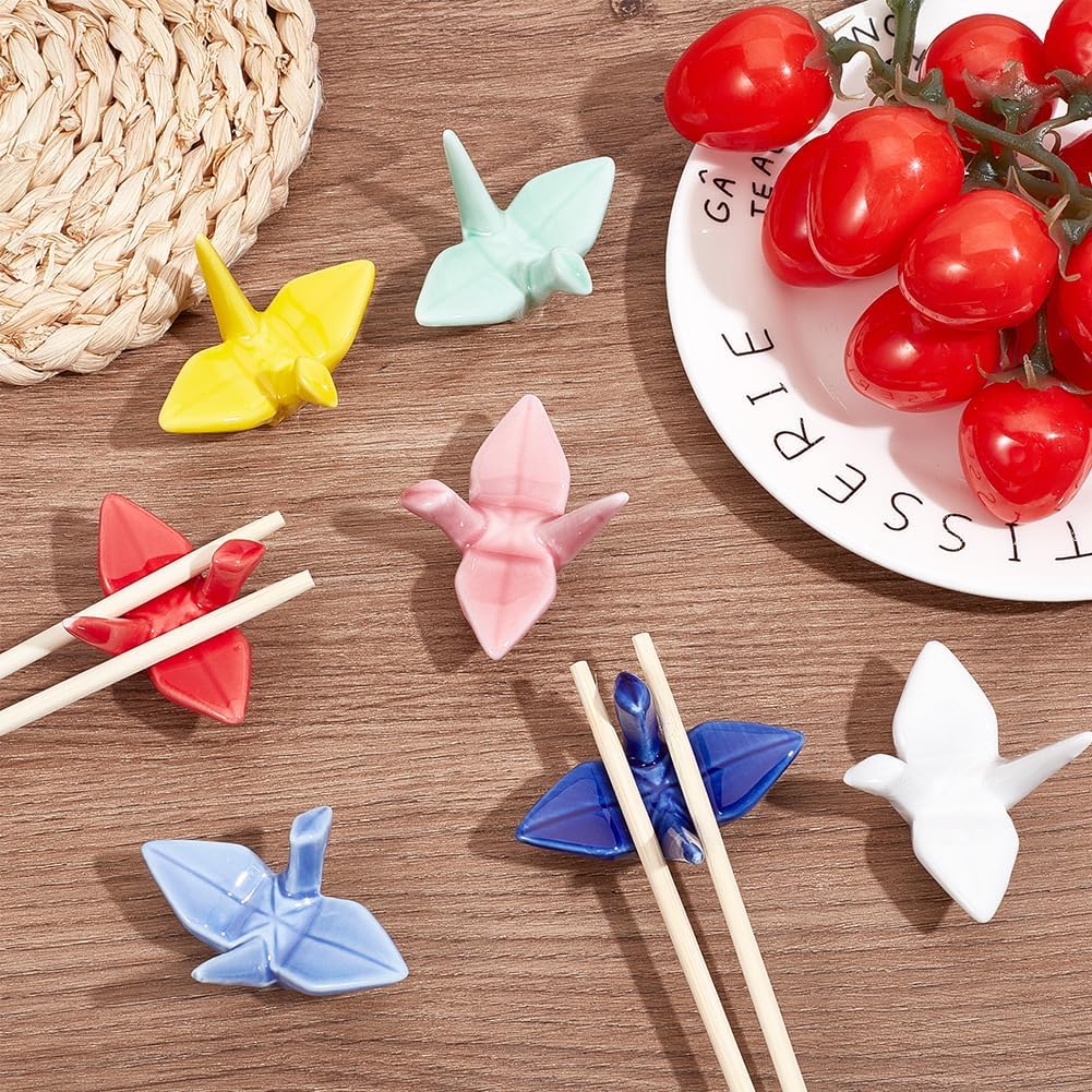CRASPIRE 7 Colors Origami Crane Chopstick Rest Porcelain Chopsticks Holder Chinese Style Ceramic Dinner Spoon Fork Brush Pen Stand Rack Set for Countertop Tableware Home Ornaments Decoration