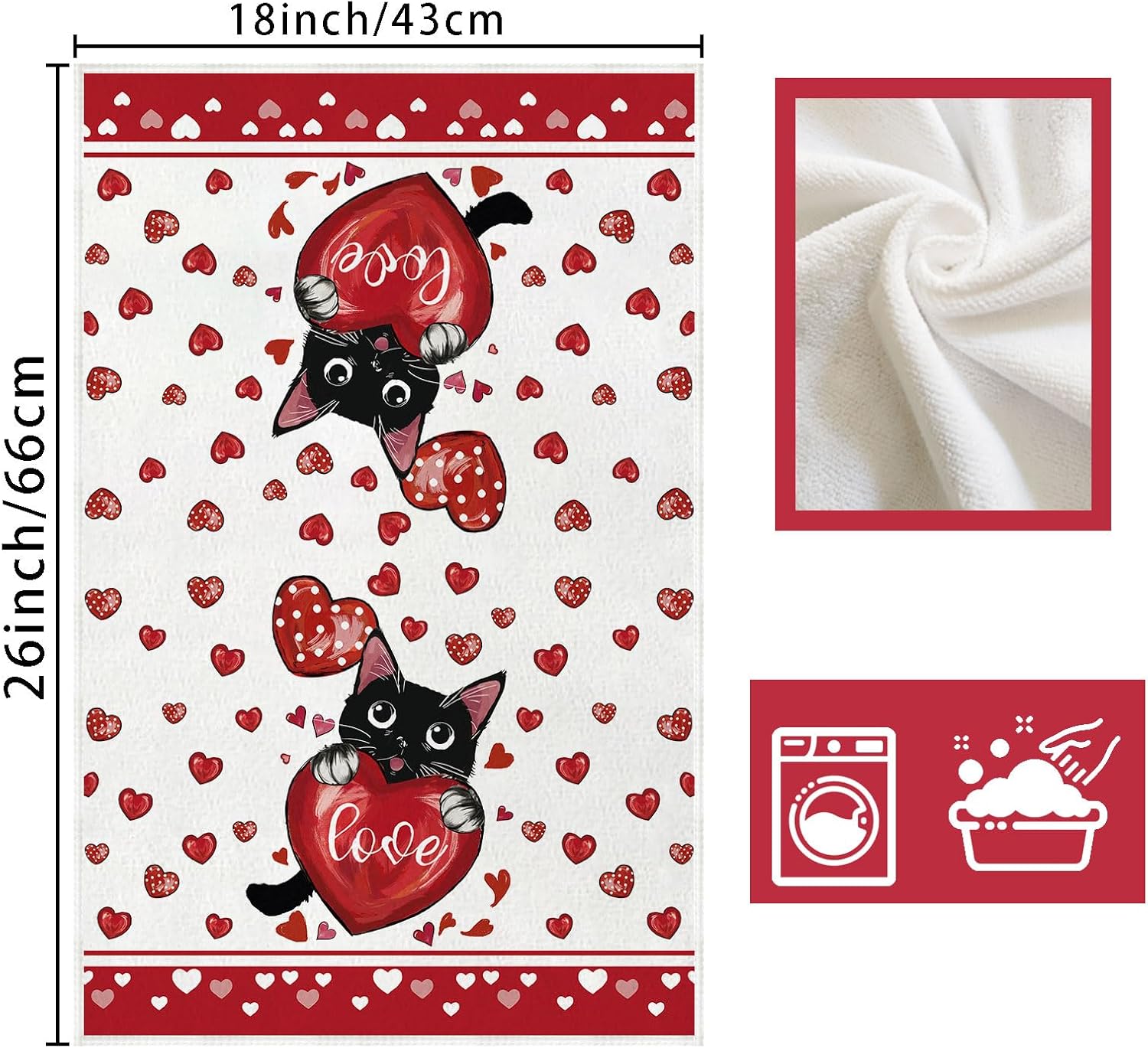 XCHI Love Hearts Cat Hello Valentine's Day Kitchen Towels Dish Towels 18x26 Inch Home Kitchen Decorations Hand Towels Set of 2 Drying Dishcloth - Image 7