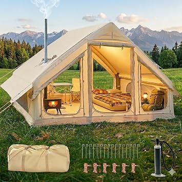 Inflatable Tents for Camping, Super Easy to Blow Up Tent with Hand Pump, Waterproof Oxford Cloth & Stove Jack, Spacious Air Tent Hot Tents for 4-6 People