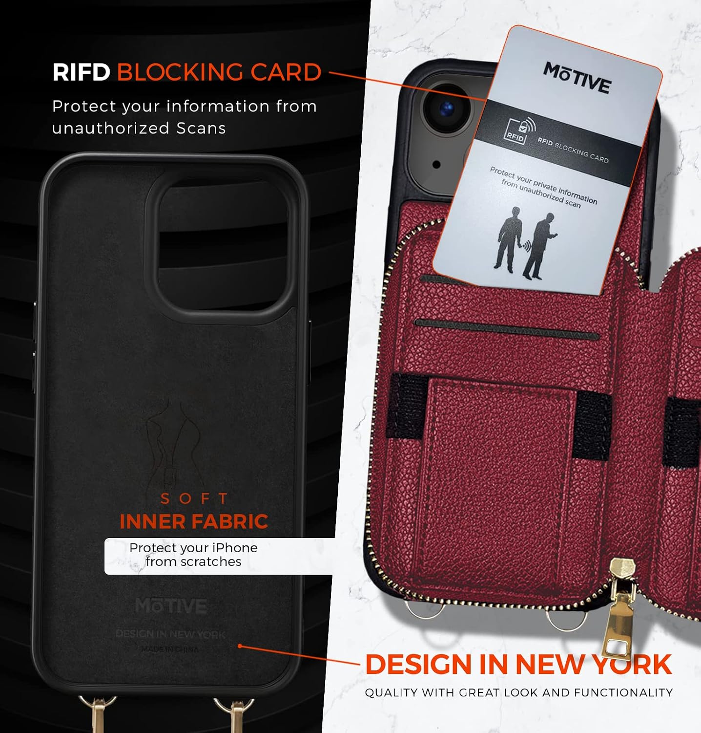 MOTIVE for iPhone 14 Plus Wallet Case, Crossbody Phone Case for Apple iPhone 14 Plus, Zipper Purse Case Wallet with RFID Blocking Card Holder | 6.7" Color Red Wine - Fancy Series