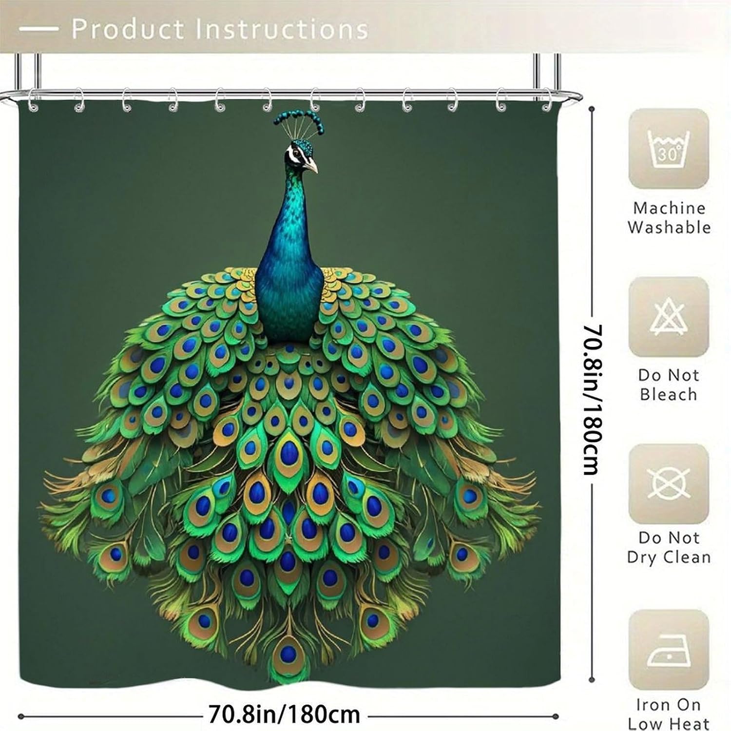Peacock with Tassels Shower Curtain for Home, Reusable Curtain Liner with Hooks, Lightweight Bath Curtains for Hotel, Waterproof Bath Curtains for Gym, Apartment, 70.8"x70.8" image 5