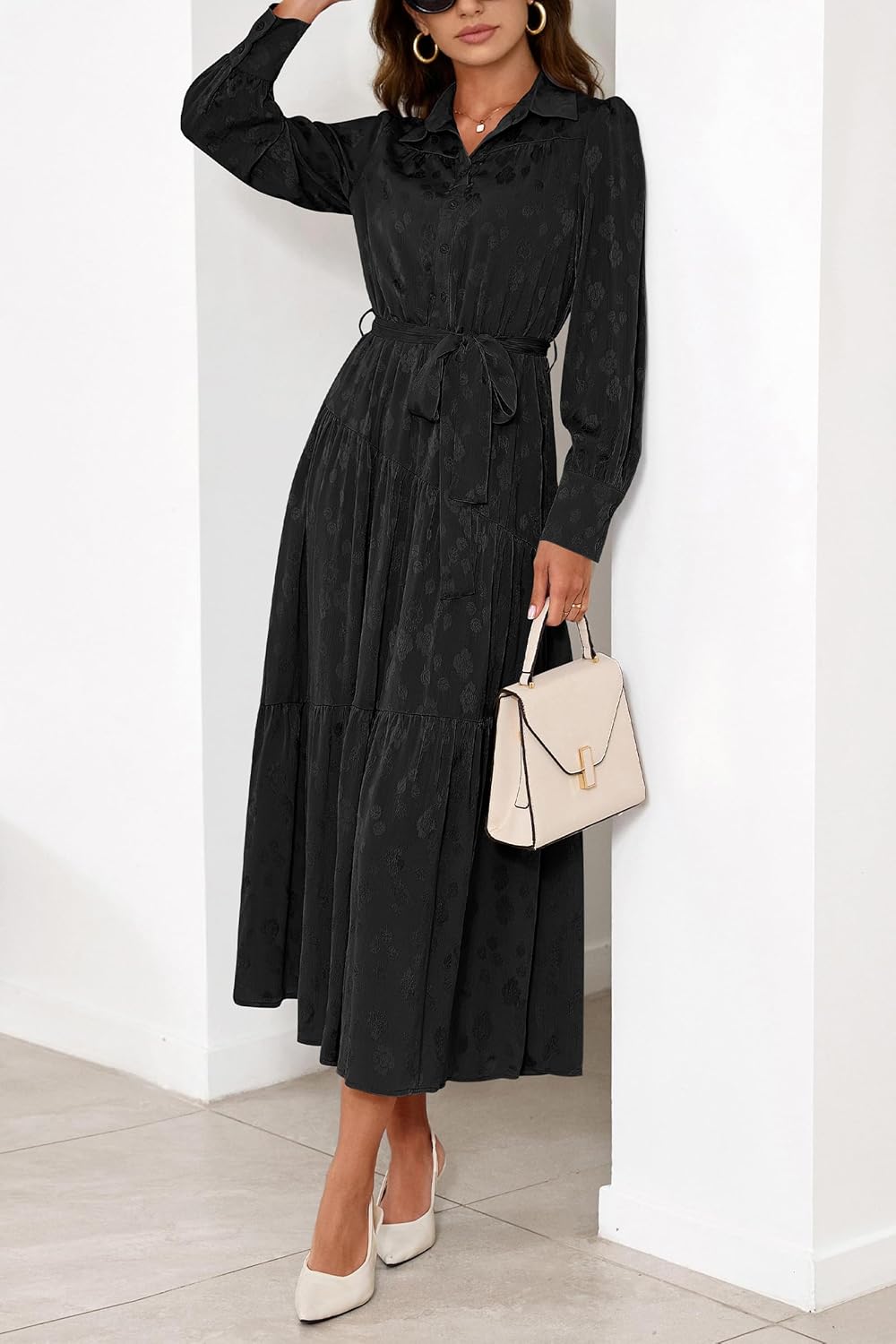 dowerme Women's Casual Dresses 2025 Fall Fashion Long Sleeve Button Up Floral Print Belted Tiered Boho Maxi Party Dress - Image 6