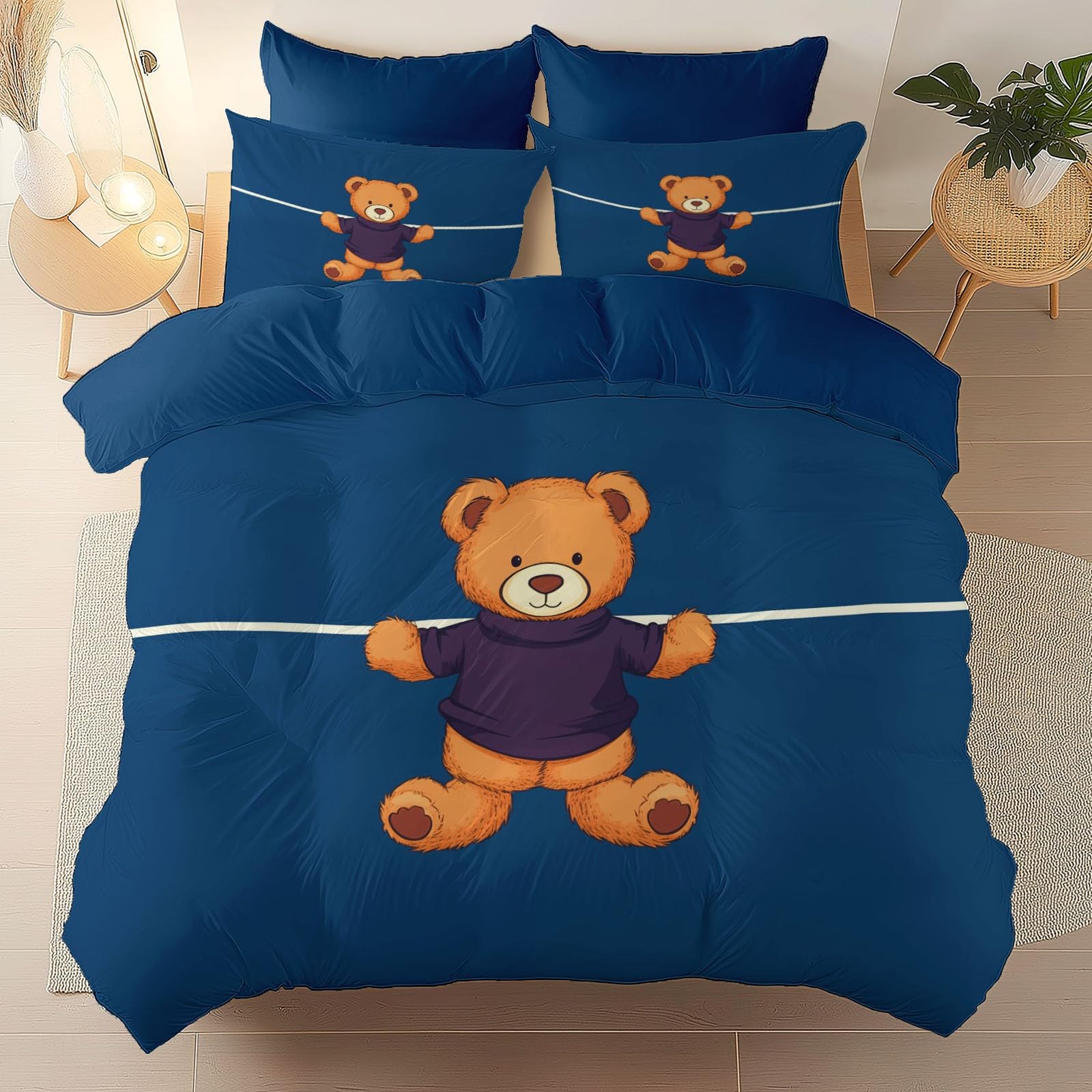 Housse de Couette 240 x 260 cm en Microfibre Facile à Repasser Motif Ours Bleu