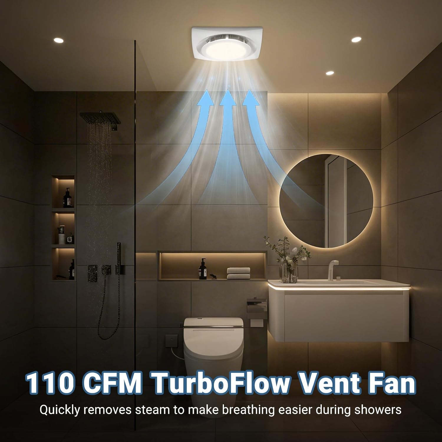 Bathroom Exhaust Fan with LED light 9.6 inch– 110 CFM, Quiet 1.0 Sones Noise Exhaust Fan for Shower, Bathroom, and Restroom, 30W Motor, 15W LED Light, Easy Installation,