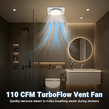 Bathroom Exhaust Fan with LED light 9.6 inch 110 CFM, Quiet 1.0 Sones Noise Exhaust Fan for Shower, Bathroom, and Restroom, 30W Motor, 15W LED Light, Easy Installation,