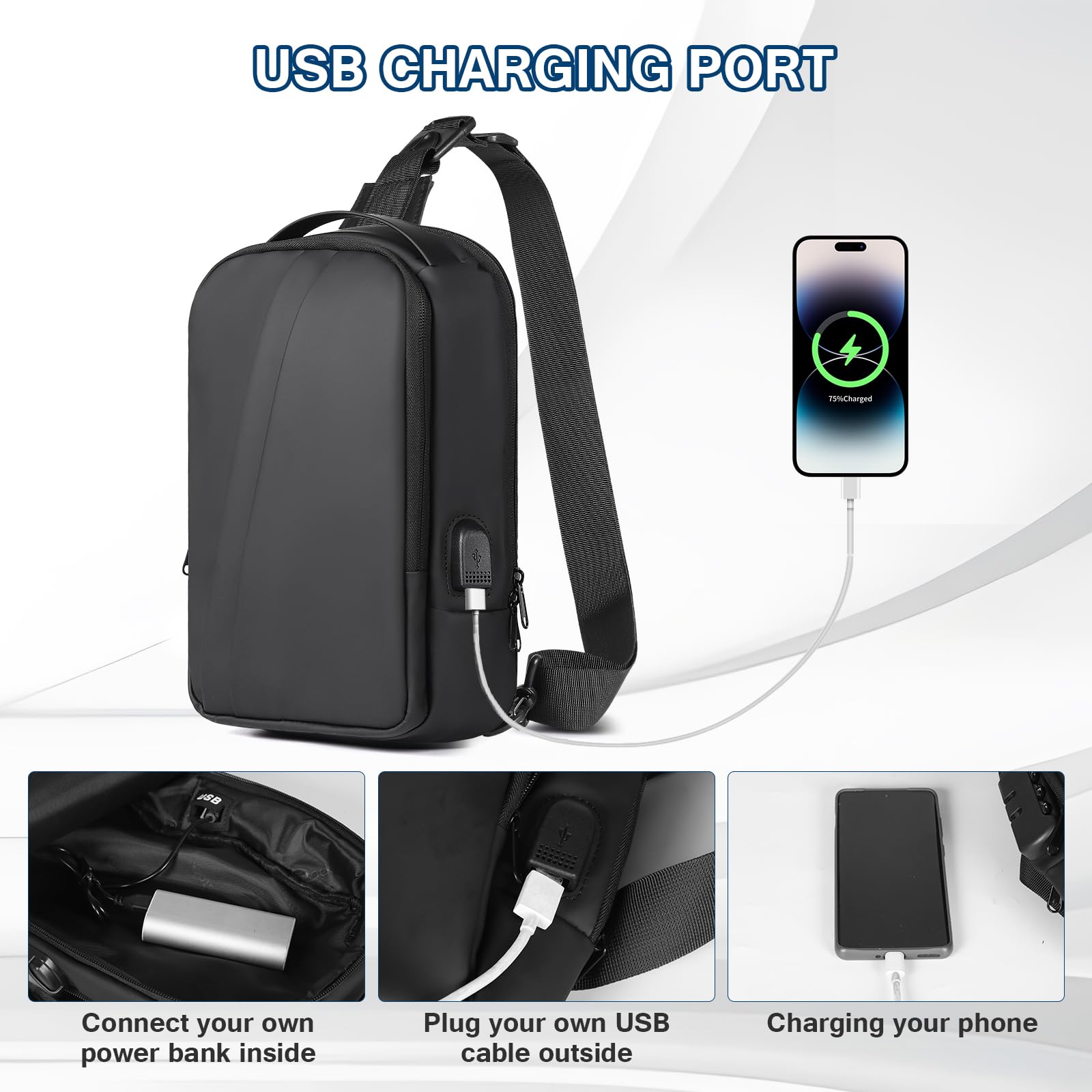 Borsa a tracolla per uomo antifurto borsa a tracolla per le donne zaino con porta di ricarica USB per viaggi, nero