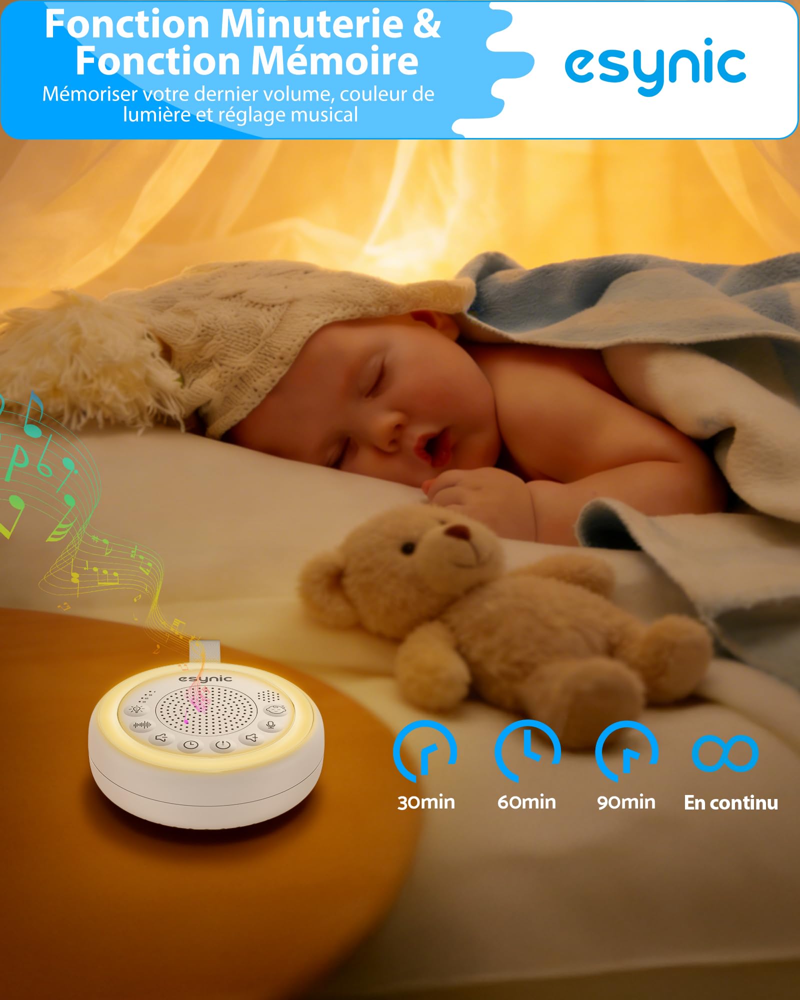 eSynic Machine à Bruit Blanc Portable pour Bébé avec Capteur de Pleurs Interrupteur Indépendant 24 Sons Apaisants Luminosité Volume Réglable Veilleuse Bruit Blanc Bébé Enregistrement Vocal Minuteries