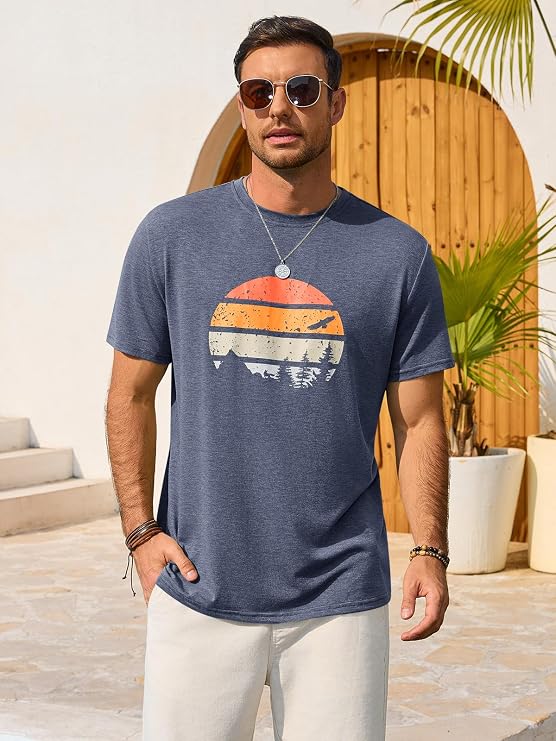 Runcati Mens Short Sleeve T-Shirts Casual Graphic Printed Tee Tops Crewneck Summer Beach Hawaiian Vintage Shirt