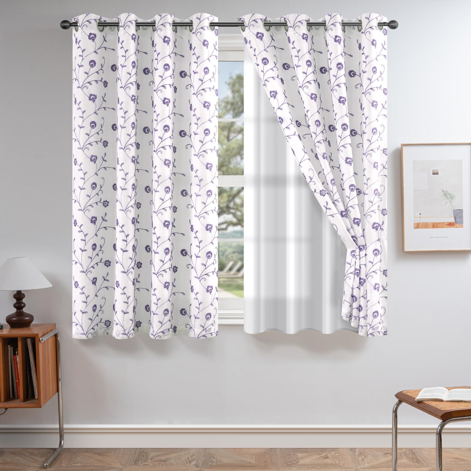 Petrichor Lavendar Luxury Double Layer Curtains, Satin-Lined Voile Embroidered Floral Pattern, Light Filtering Grommet Top Window Drapes for Living Room Bedroom Decor, 2 Panels, 55" W x 63" L