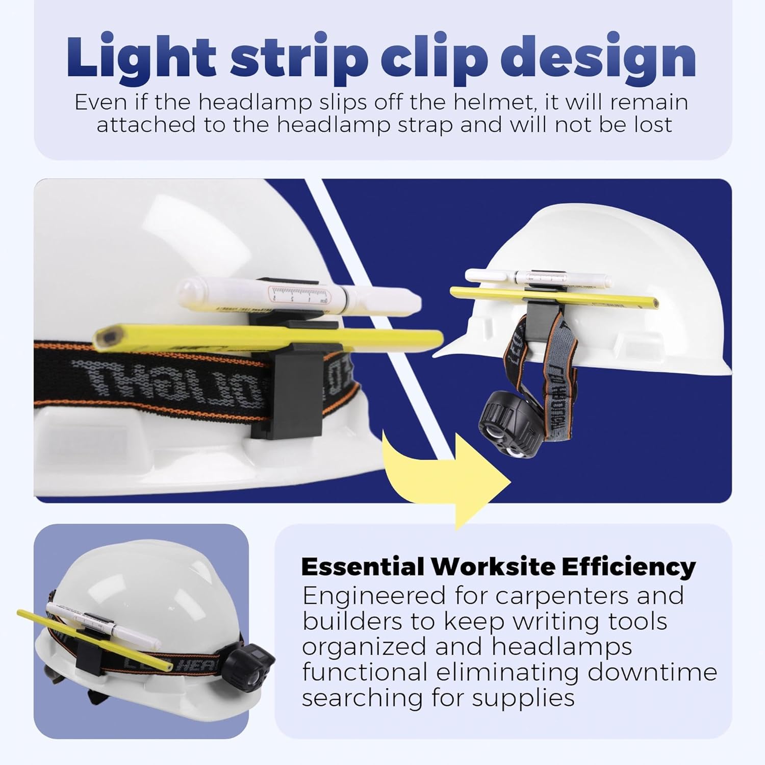 2 Pack Hard Hat Pencil Holder Clip | 3-in-1 Attachment for Carpenter Pencils, Markers & Headlamp Bands | Black Reinforced Nylon Accessory Fits Both Sides of Hard Hats for Woodworkers