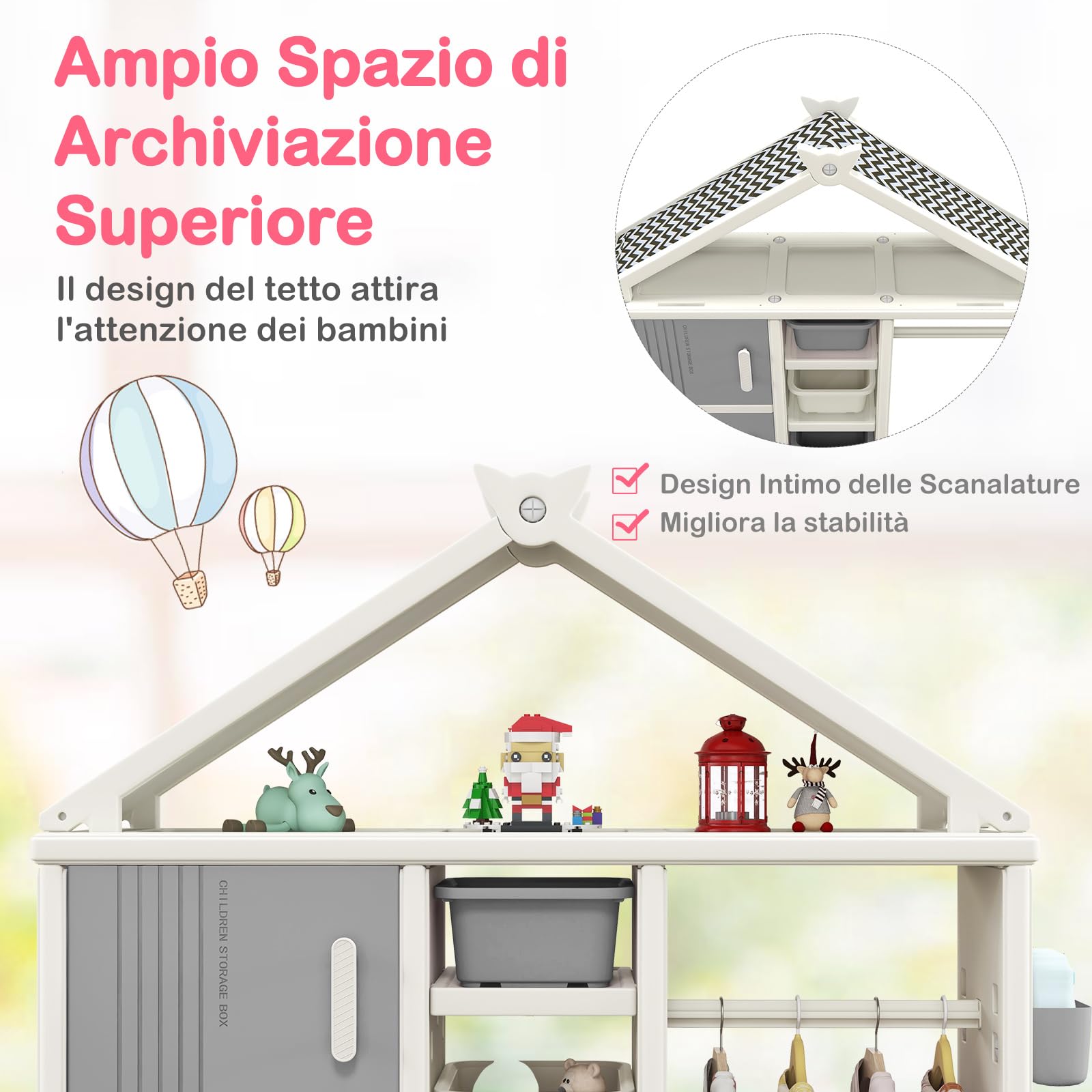 RELAX4LIFE Armadio Guardaroba Bambini 34x130x156 cm Grigio con Barra Appendiabiti 4 Scatole 3 Scomparti