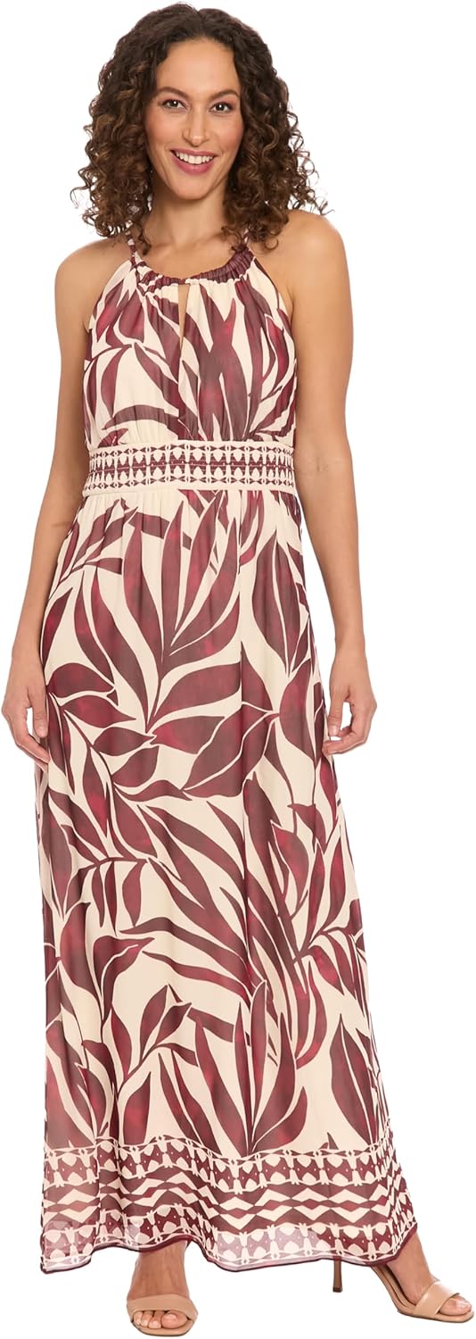 London Times Women's Halter Maxi Flowy Empire Waist-Soft Lightweight Summer Dresses