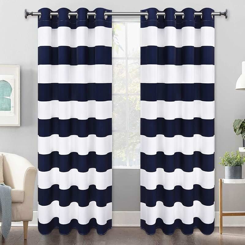 navy white striped curtains