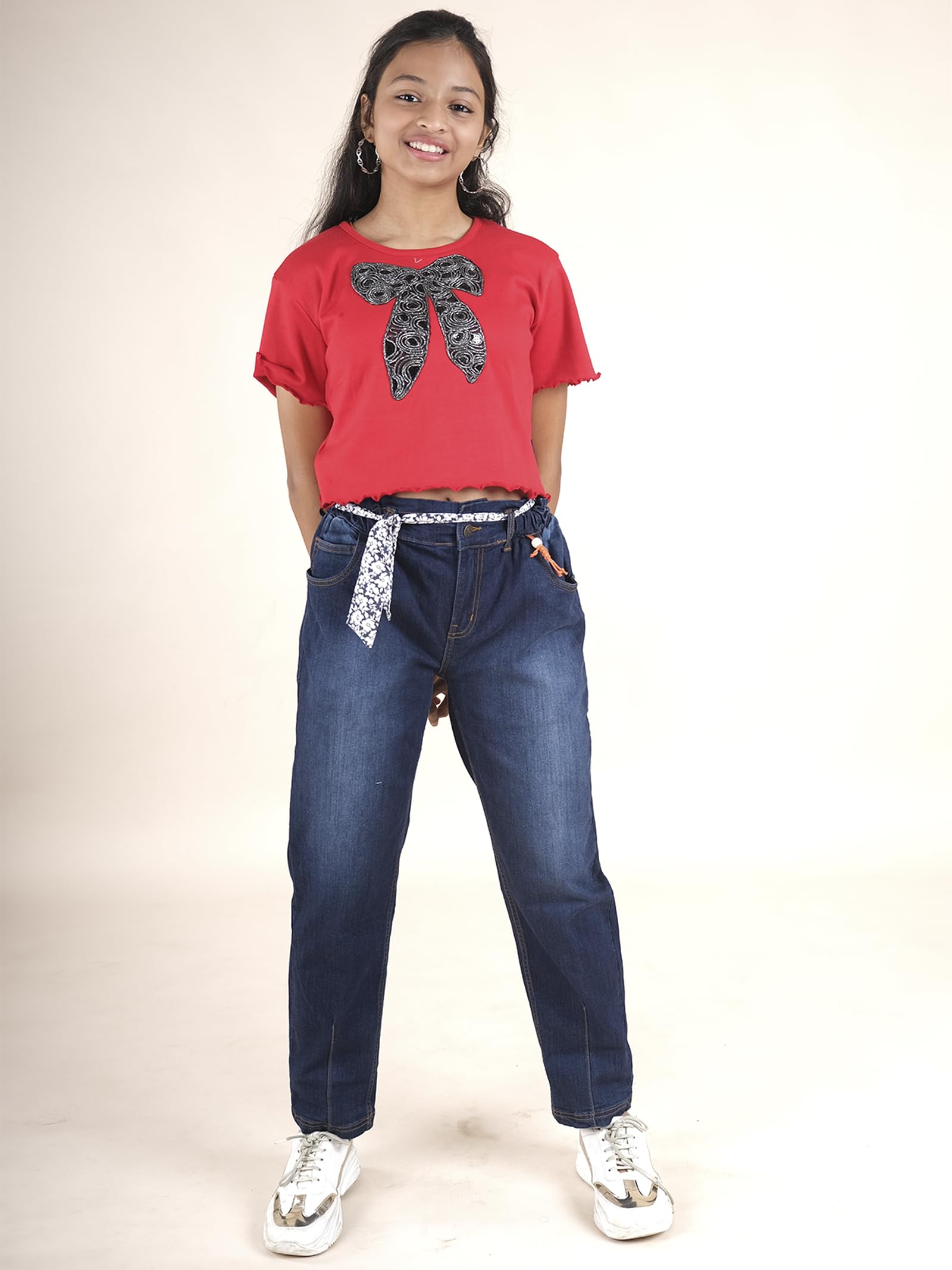 KiddoPanti Girls Solid Paper Bag Jeans Pant with Fabric Belt, Dk Wash Blue - 4-6Y 3