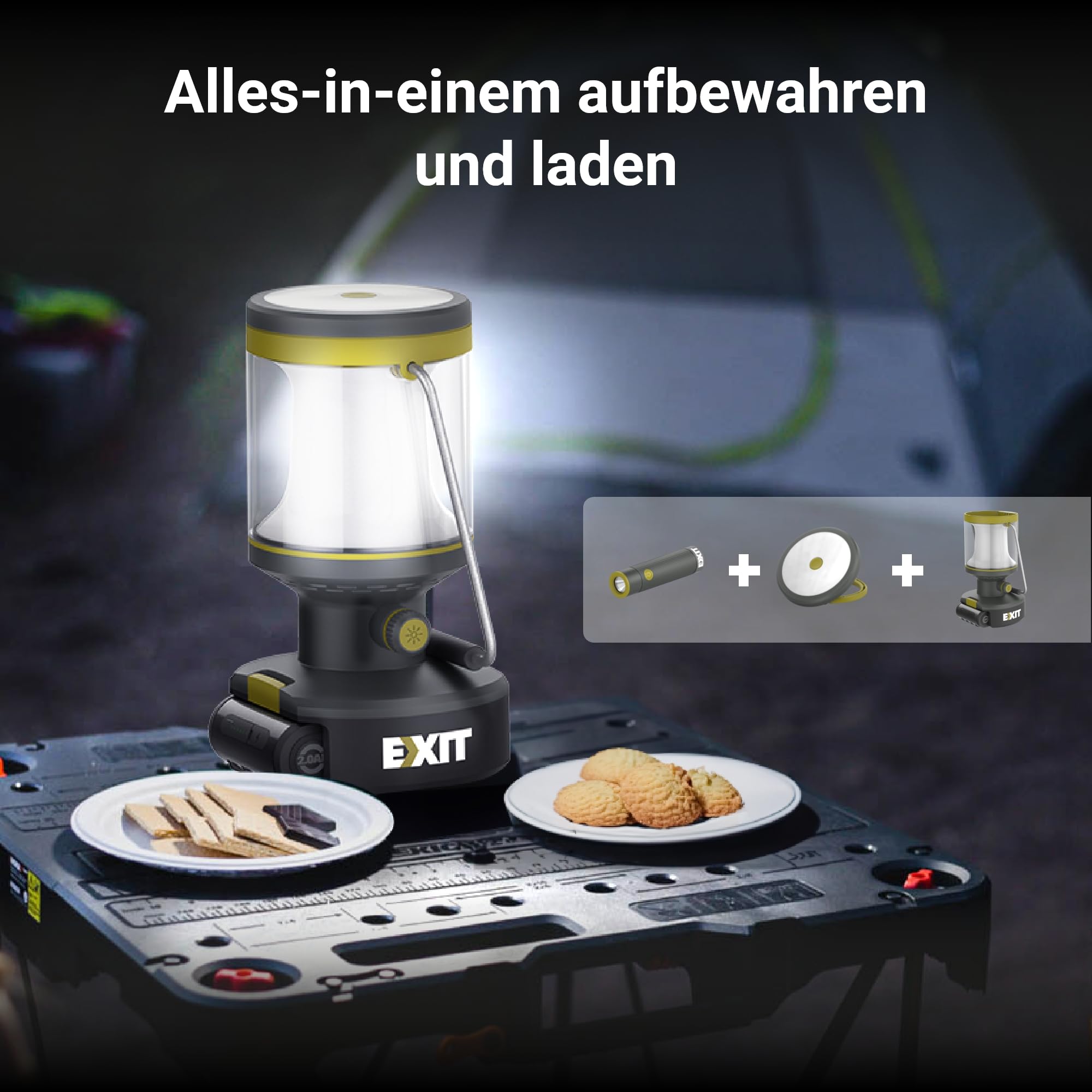 EXIT 20V 3-in-1 LED-Laterne, Campinglichter mit eingebauter Taschenlampe | Campinglampe aufladbar, multifunktionale Campinglichter mit eingebauter Taschenlampe, ideal für Jagd, Notfälle, 800 Lumen