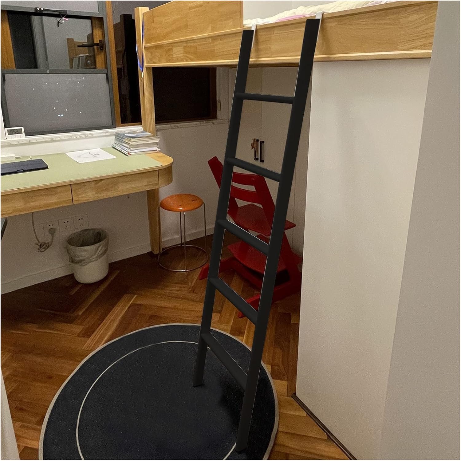 Silver Grey/White/Black Loft Bed Ladder for Adults Kids, Camper Motorhomes Trailer RVs Bunk Ladder, Floor-Standing & Hooks Elevated Bed Ladder (Color : Black, Size : 63"/160cm/5.2ft Tall)