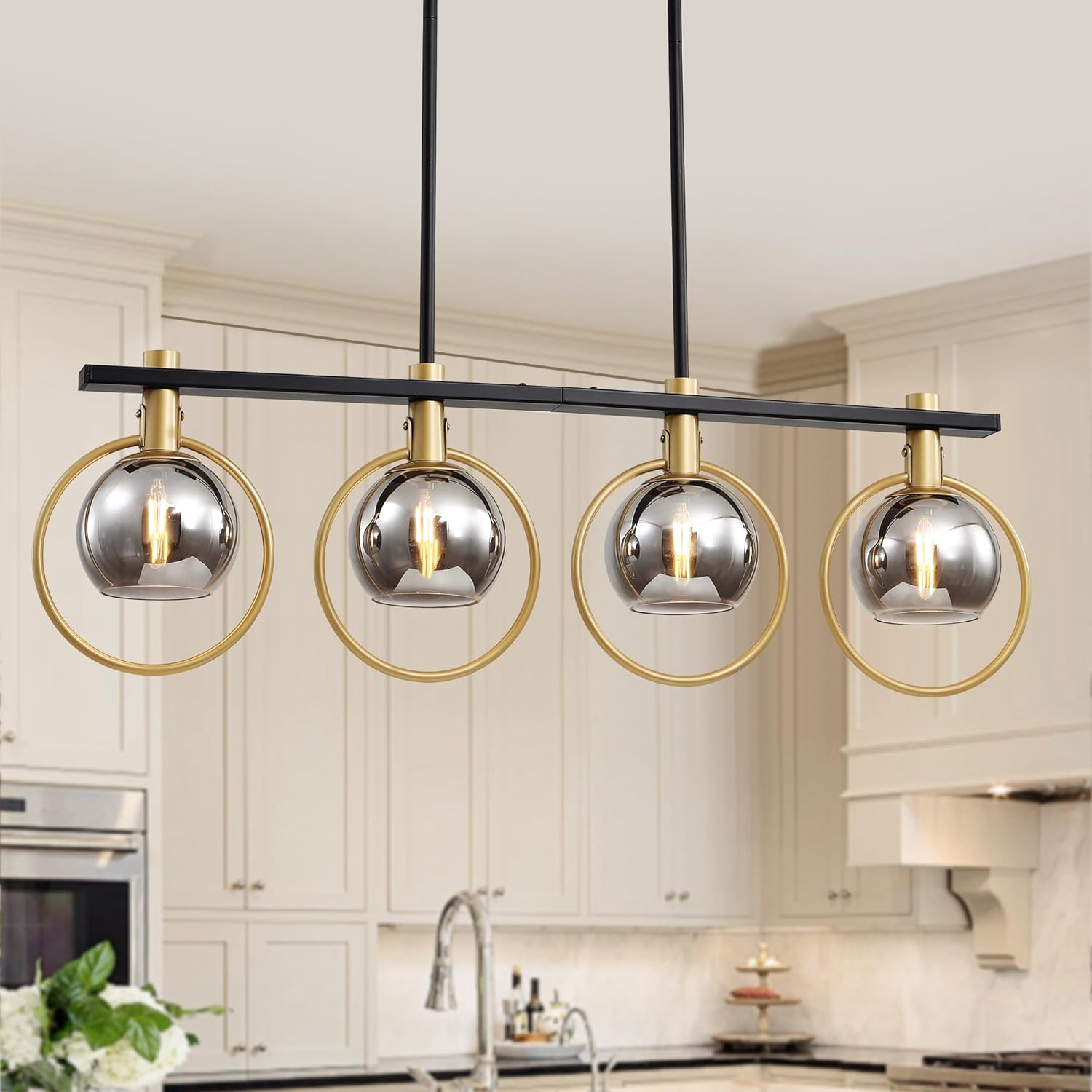 Gold Black Chandelier Modern Dining Room Light Fixture 4-Light Kitchen Island Lighting Hanging for Farmhouse Linear Chandeliers Mid Century Chandelier with Smoke Glass Globe Shade