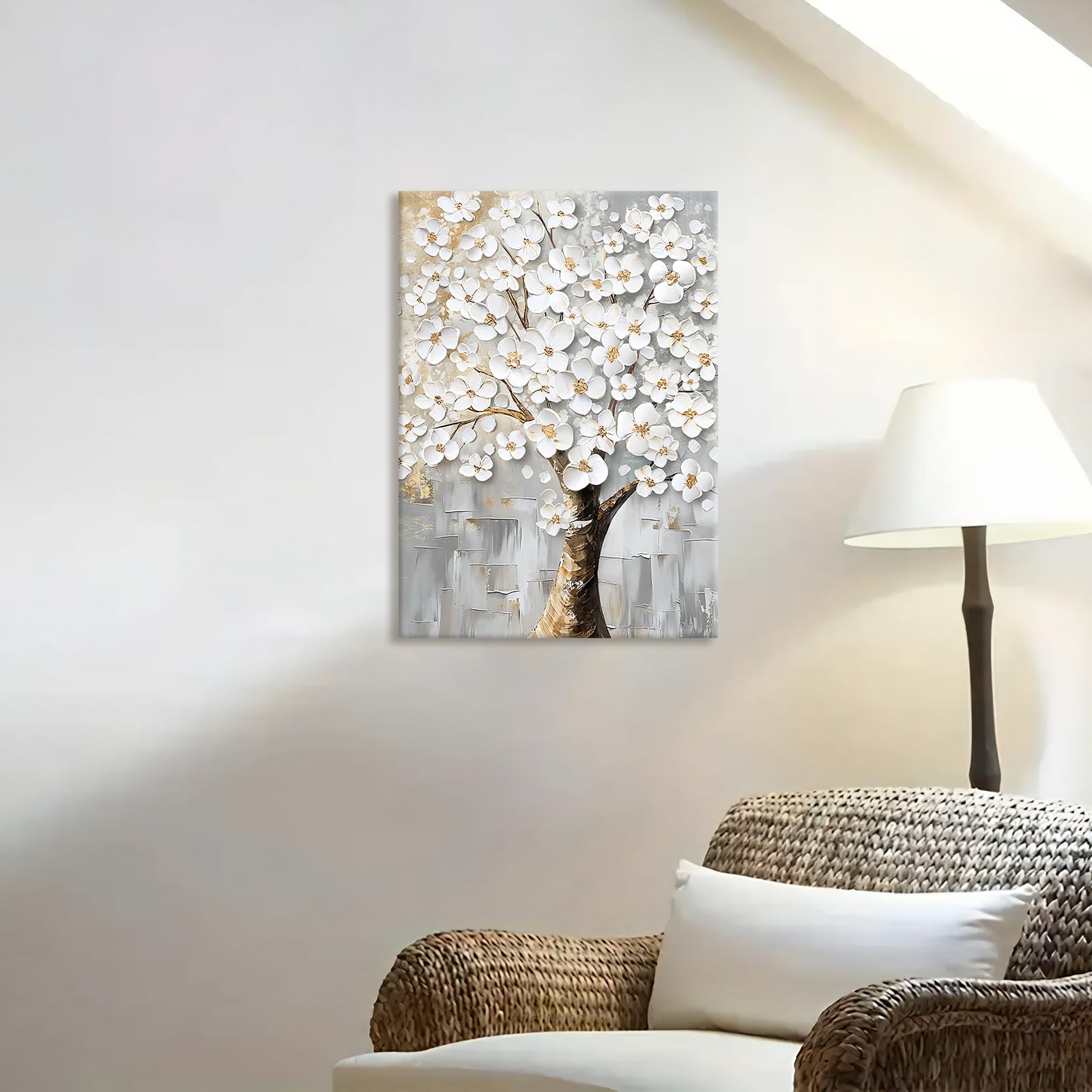 Wooden Framed Canvas Wall Art White Flowers Tree Painting on Canvas Print Poster Abstract Floral Tree of Life Pictures for Living Room Bedroom Home Office Hallway Corridor Wall Decor 40x60cm - Image 2