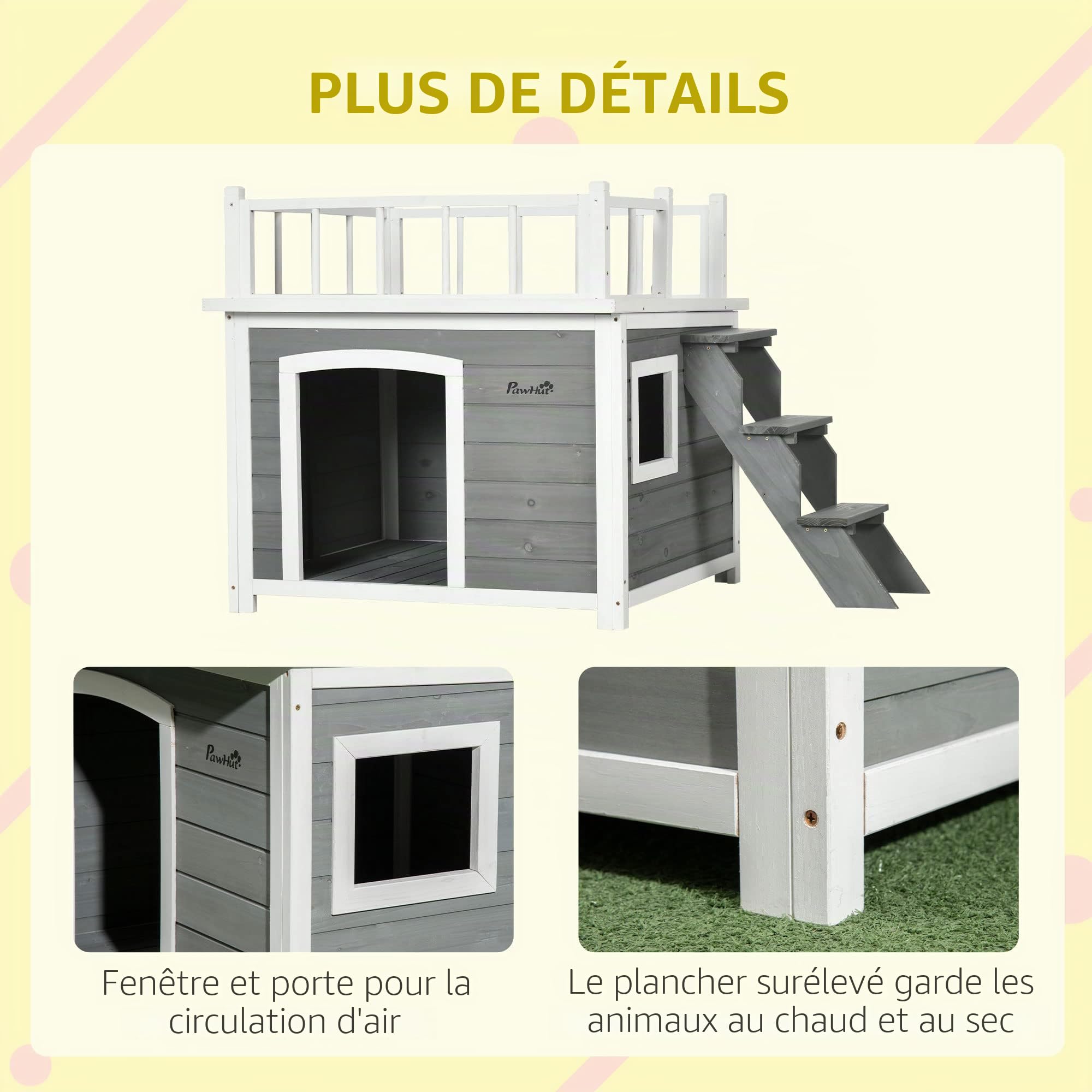 PawHut niche pour chien maison pour chien avec balcon, maison surélevée pour petits animaux avec escalier, fenêtre, niche pour chiens de taille moyenne, grands chiens, bois de sapin, gris clair, 121 x