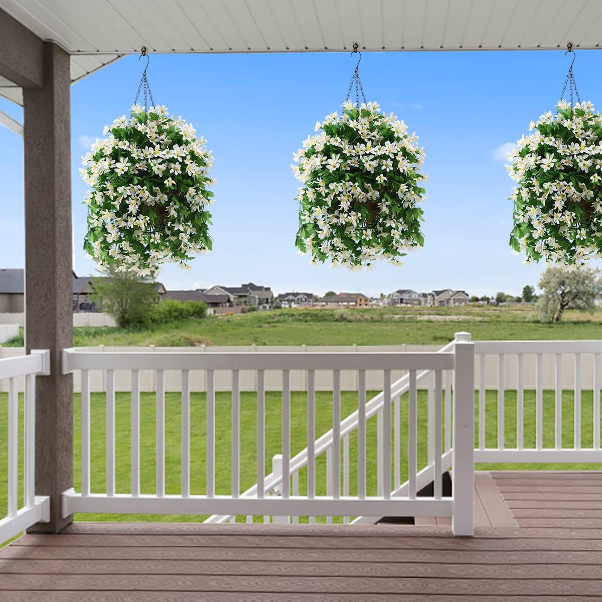 INQCMY Artificial Hanging Flowers in Basket for Patio Garden Decoration,Faux Silk Violet in Planter UV Resistant Realistic for Outside Home Porch Balcony Yard Decor(White) - Image 2