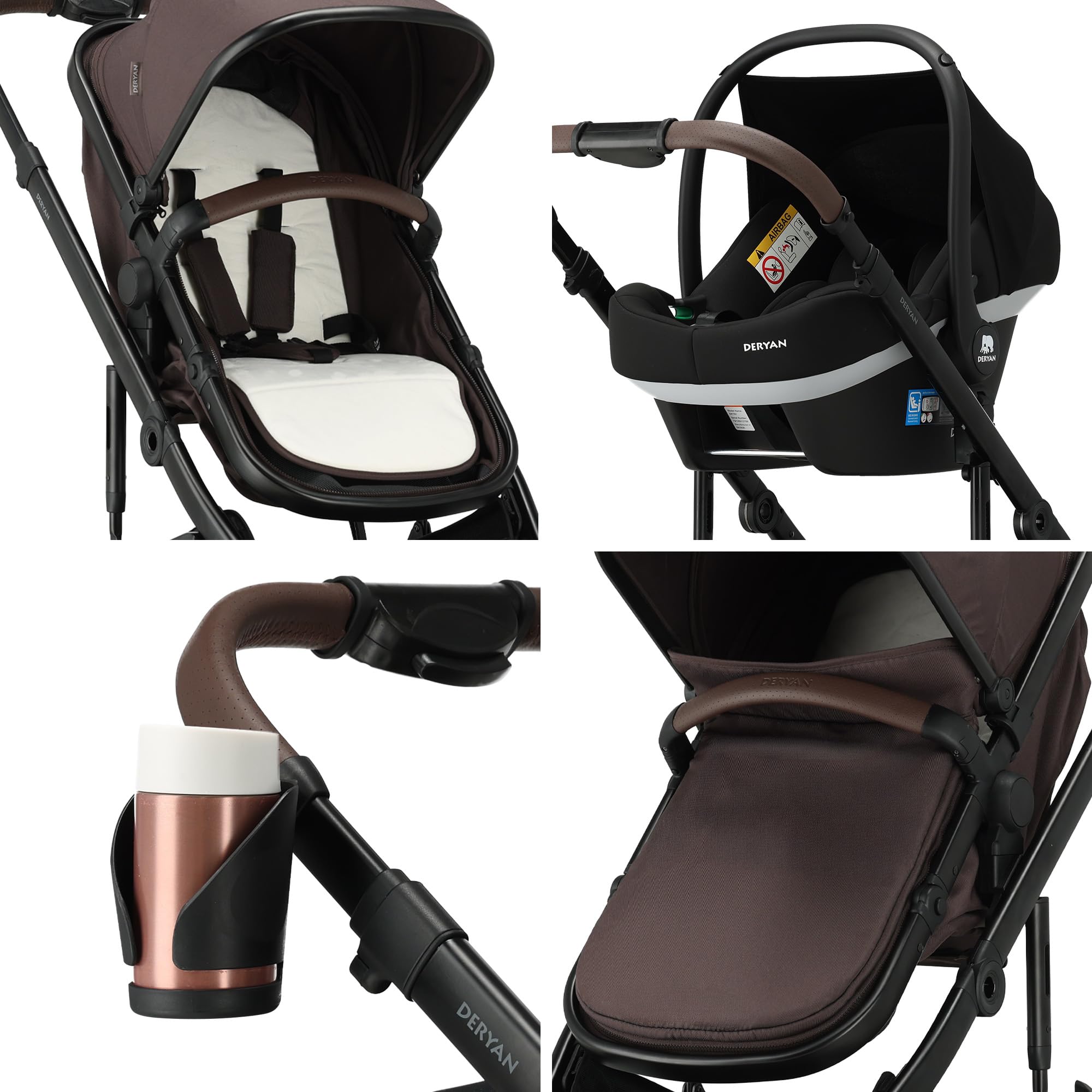 Deryan NOA - Cochecito 3 en 1 con asiento de coche I-Size, sistema de viaje, cochecito de bebé, cochecito plegable, para recién nacidos hasta 4 años (Chocolate)
