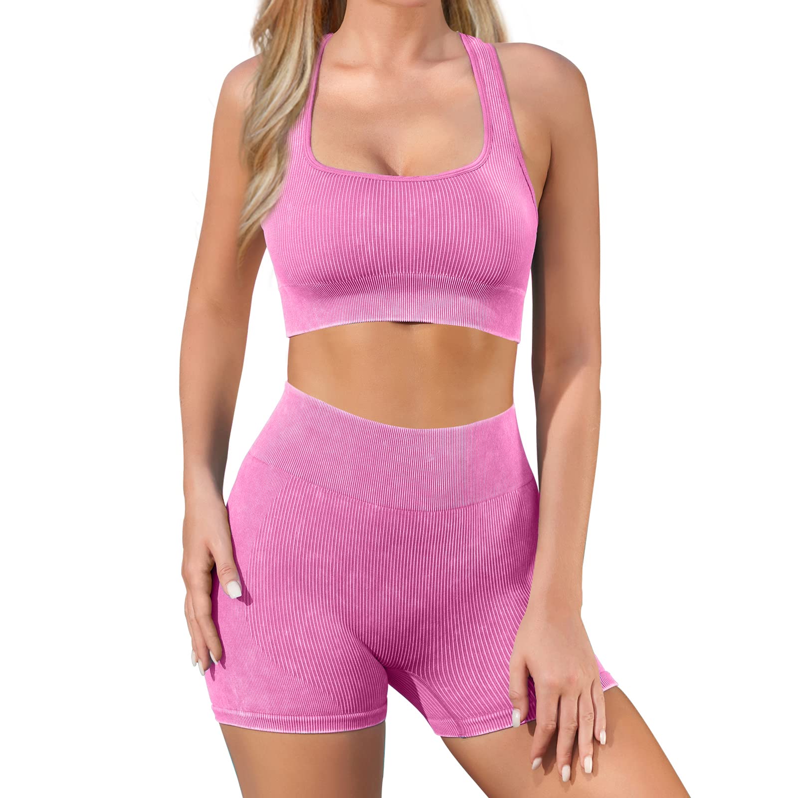 Workout Outfits for Women 2 Piece Yoga Set Seamless Ribbed Sports Bra High Waist Gym Shorts Activewear Sets JOTEUS