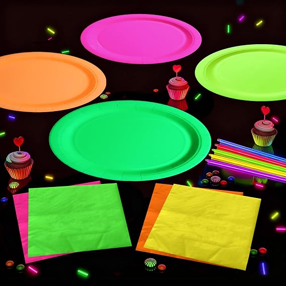Glow Party Supplies Plates Set for 20 Guests, Including Multi-color Tablecloth, Napkins and Plates for Glow Birthday Decorations Neon Party Decorations