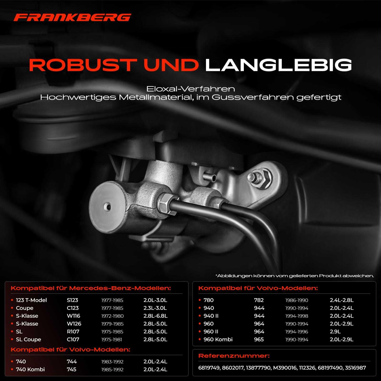 Frankberg Hauptbremszylinder Kompatibel mit 123 2.0L-3.0L 1976-1985 S-Klasse W116 W126 2.7L-6.8L 1972-1985 SL 2.7L-5.0L 1971-1985 740 760 780 940 960 2.0L-2.9L 1981-1998 Replace# 8602017