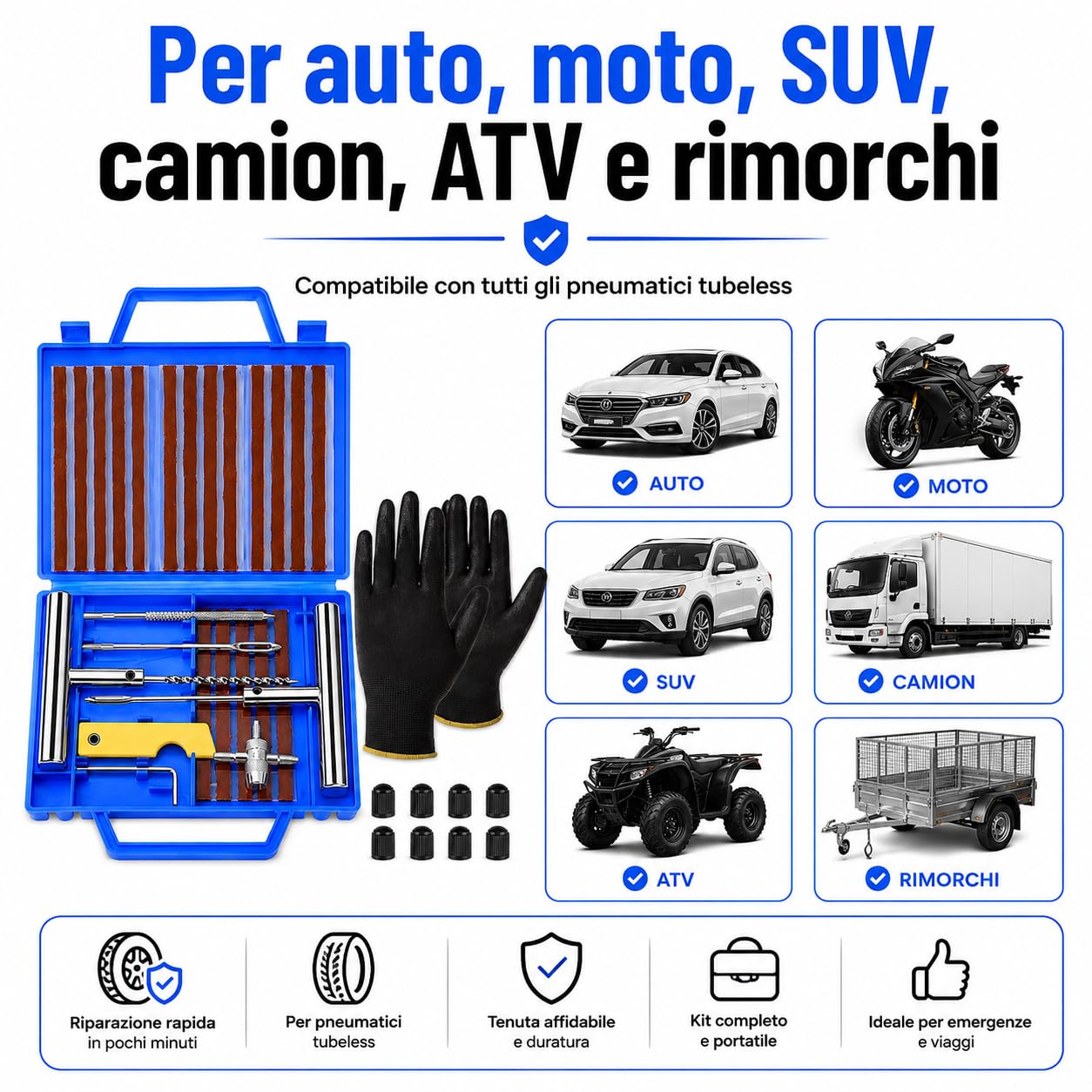 Kit Riparazione Pneumatici Tubeless 37 Pezzi Gomme Auto Moto Strisce Attrezzi Tappi Valvola
