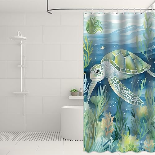Miniatura 7 de Cortina de ducha de tortuga marina, cortina de baño azul y verde azulado océano, peces bajo el agua, conchas marinas, planta acuática, juego de